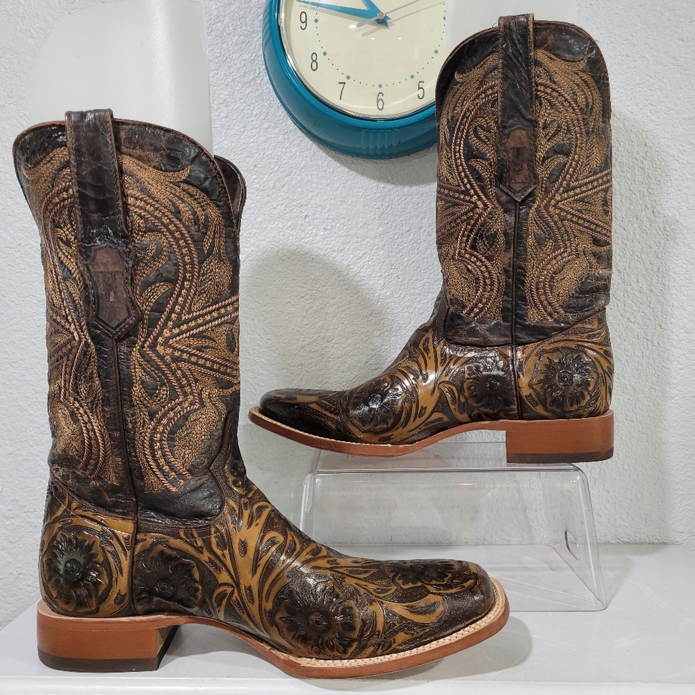 Tanner Mark Men's Hand Tooled Western Boots - Broad Square Toe Size 10 Brown New
